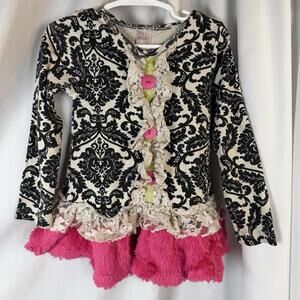 Giggle Moon Girls Tunic Dress Boho Ruffle Tulle Pink Black Cream Lace Sz 4 Toile